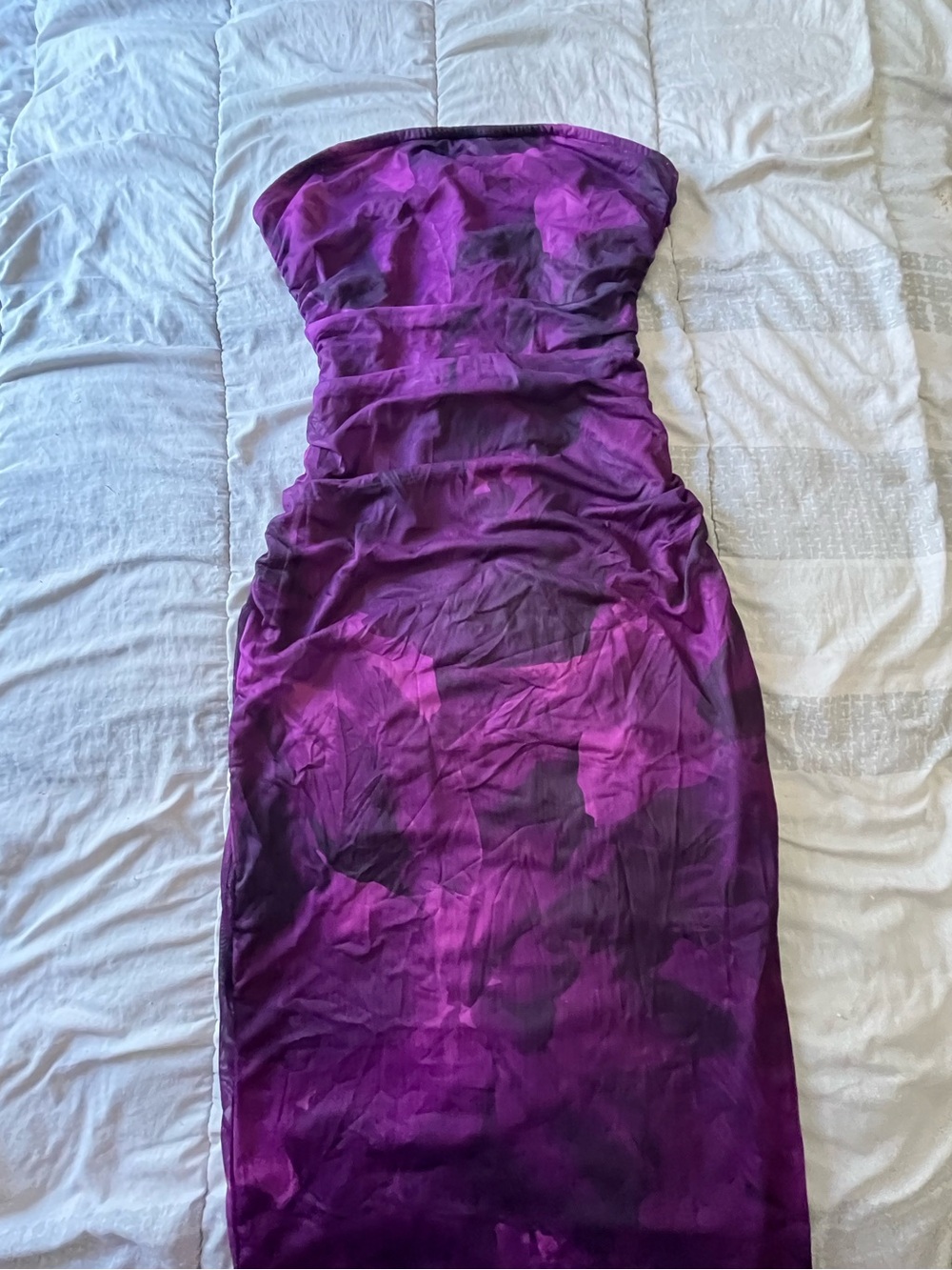 Purple Floral Strapless Dress with a split on the right